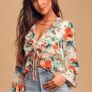 Lulu's Vibrant Floral Blouse - Orange‎ and Blue Size S
